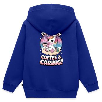 Fueled By Coffee & Caring! - Kids Premium Organic Zip-up Hoodie - royal blue - Back - AI Model Kid Male (0cm)