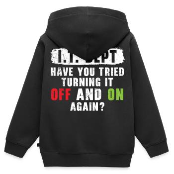 Ruhig bleiben und ein Ticket einreichen - Kinder Premium Organic Zip Hoodie - Schwarz - Hinten - AI Model Kid Male (0cm)