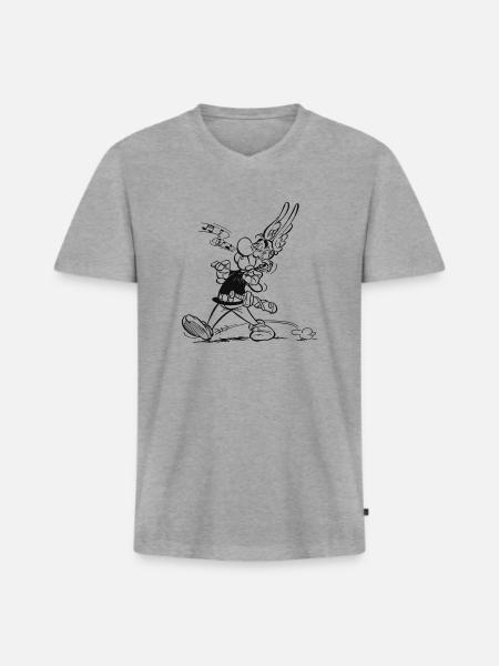 Asterix & Obelix - Asterix singt - Männer Premium Bio T-Shirt mit V-Ausschnitt - Grau meliert
