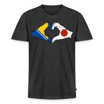 Bosnien Japan Flagge Hände Herzform used - Männer Premium Bio T-Shirt mit V-Ausschnitt - Anthrazit meliert - Vorne - Nico (187cm)