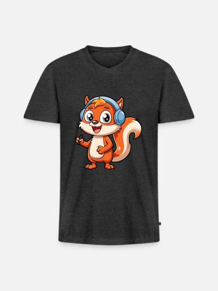 Ekorre Rolig Tecknad Figur Hörlurar Musik - Ekologisk premium-T-shirt med V-ringning herr - antracitmelerad