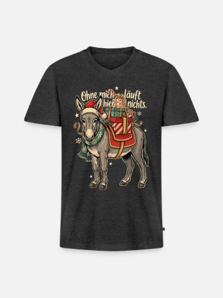 Weihnachtsesel mit Nikolausmütze - Männer Premium Bio T-Shirt mit V-Ausschnitt - Anthrazit meliert