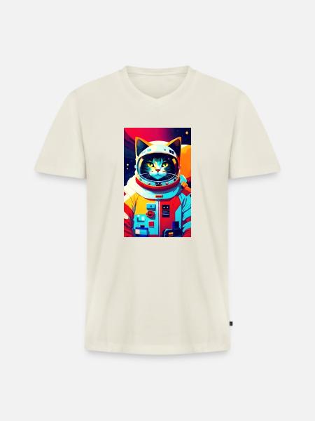 Chat astronaute - T-shirt encolure en V Premium bio Homme - blanc cassé