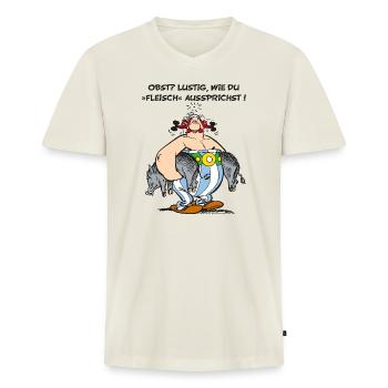 Obelix: Obst? Lustig wie du "Fleisch" aussprichst! - Männer Premium Bio T-Shirt mit V-Ausschnitt - Naturweiß - Vorne - Nico (187cm)