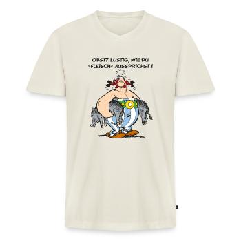 Obelix: Obst? Lustig wie du "Fleisch" aussprichst! - Männer Premium Bio T-Shirt mit V-Ausschnitt - Naturweiß - Vorne - Nico (187cm)