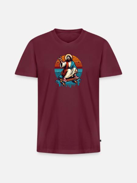 Jesus Skateboard - Männer Premium Bio T-Shirt mit V-Ausschnitt - Burgunderrot