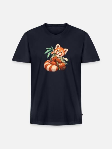 Roter Panda mit Bambus | Noventra - Männer Premium Bio T-Shirt mit V-Ausschnitt - Navy