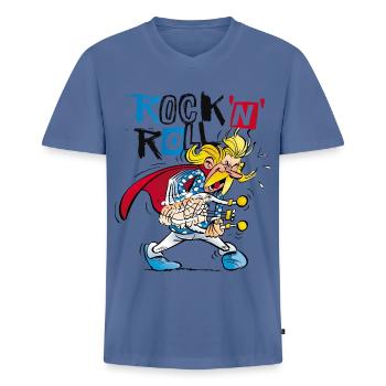 Asterix & Obelix Cacofonix Rock'n'Roll - Men's Premium Organic T-shirt with V-neck - stone blue - Front - Nico (187cm)