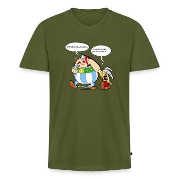 Asterix & Obelix Speach bubbles - Men's Premium Organic T-shirt with V-neck - khaki - Front - Nico (187cm)