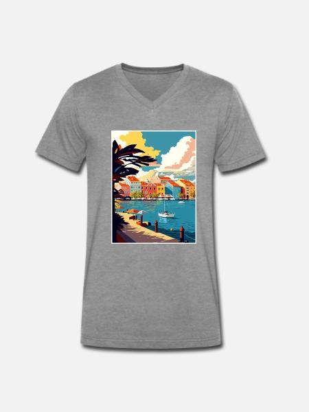 Curaçao Karibik Vintage Reiseposter Souvenir - Männer Premium Bio T-Shirt mit V-Ausschnitt - Dunkelgrau meliert - Vorne