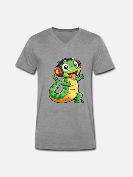 Snake Funny Cartoon Character Headphone Music - Men's Premium Organic T-shirt with V-neck - dark heather grey