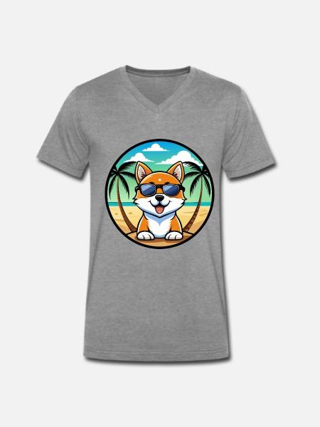 Hokkaido Hondenras Cartoon Zonnebril Strand - Mannen Premium Bio T-shirt met V-hals - donkergrijs gemêleerd