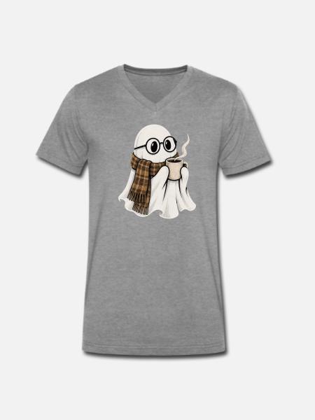 Kaffeegeist mit Brille und Schal - Männer Premium Bio T-Shirt mit V-Ausschnitt - Dunkelgrau meliert - Vorne
