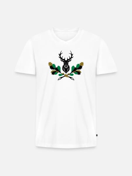 Hirsch Geweih Eiche Logo 3farbig - Männer Premium Bio T-Shirt mit V-Ausschnitt - Weiß