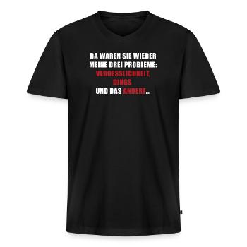 Drei Probleme: Vergesslichkeit, Dings, das andere - Männer Premium Bio T-Shirt mit V-Ausschnitt - Schwarz - Vorne - Nico (187cm)