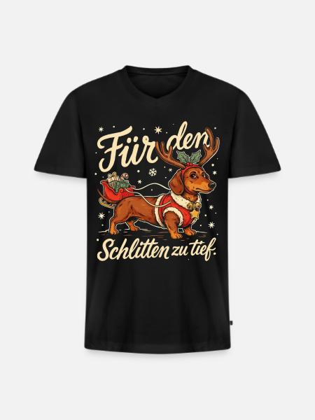 Dackel mit Weihnachtsschlitten und Geschenken - Männer Premium Bio T-Shirt mit V-Ausschnitt - Schwarz