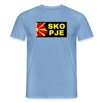 Skopje City with North Macedonia Flag Design - Men's T-Shirt - carolina blue - Front - AI Model Male 178 light (178cm)