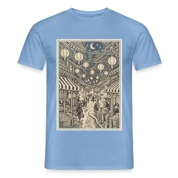Linoleumschnitt der Laternen-Nachtmarktstraße - Männer T-Shirt - Carolina Blue - Vorne - AI Model Male 178 light (178cm)