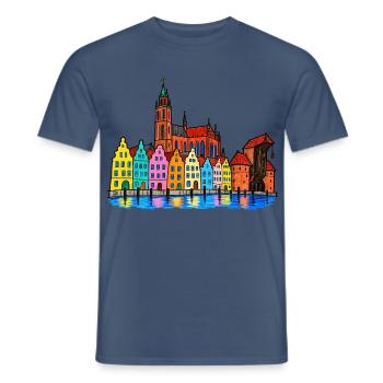 Danzig Skyline – Bunte Hafenstadt im Wachsmalstil - Männer T-Shirt - Dunkles Denimblau - Vorne - AI Model Male 178 light (178cm)