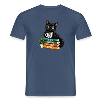 Nerdy Katze mit Kaffee und Büchern - Männer T-Shirt - Dunkles Denimblau - Vorne - AI Model Male 178 light (178cm)