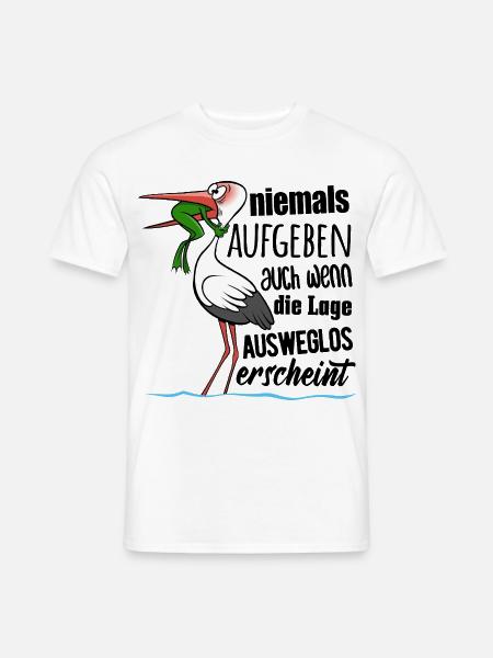 Frosch und Storch - Niemals Aufgeben - Spruch - Männer T-Shirt - Weiß