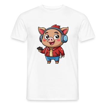 Pig Funny Cartoon Character Headphone Music - Men's T-Shirt - white - Front - AI Model Male 178 dark (178cm)