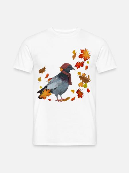 Herbsttaube mit Mütze und Schal im Herbstlaub - Männer T-Shirt - Weiß