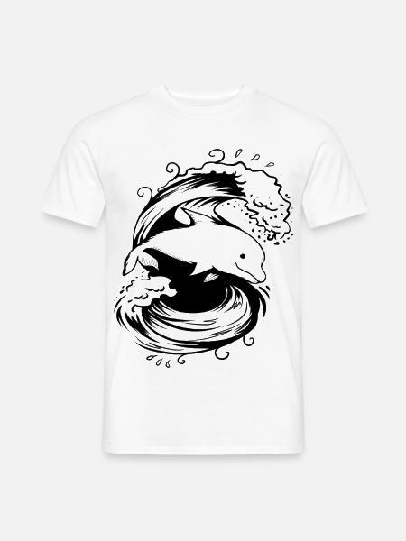 Delfin Comic Stil Schwarz weiß mit Wellen - Männer T-Shirt - Weiß