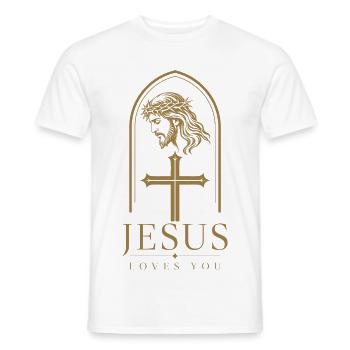 Jesus Loves You – Portrait mit Dornenkrone & Kreuz - Männer T-Shirt - Weiß - Vorne - AI Model Male 178 dark (178cm)