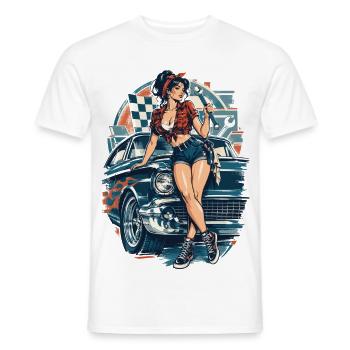 Hot Rod Pin-up Girl: 50s Muscle Car Mechanikerin - Männer T-Shirt - Weiß - Vorne - AI Model Male 178 dark (178cm)