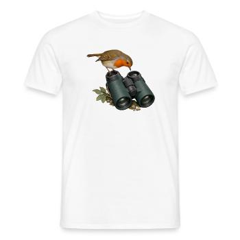 Perspektivwechsel – Rotkehlchen am Fernglas - Männer T-Shirt - Weiß - Vorne - AI Model Male 178 dark (178cm)