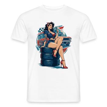 Hot Rod Pin-up Girl auf Reifenstapel - Männer T-Shirt - Weiß - Vorne - AI Model Male 178 dark (178cm)