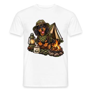 Dackel_Camping_-1-Dackel beim Camping – Kleiner Hu - Männer T-Shirt - Weiß - Vorne - AI Model Male 178 dark (178cm)