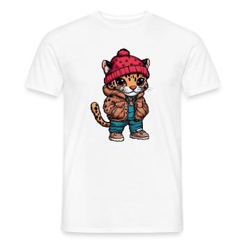Leopard mit Winterjacke und Mütze - Männer T-Shirt - Weiß - Vorne - AI Model Male 178 dark (178cm)