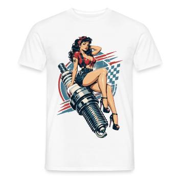 Vintage Hot Rod Pin-Up: Mechanikerin auf Zündkerze - Männer T-Shirt - Weiß - Vorne - AI Model Male 178 dark (178cm)