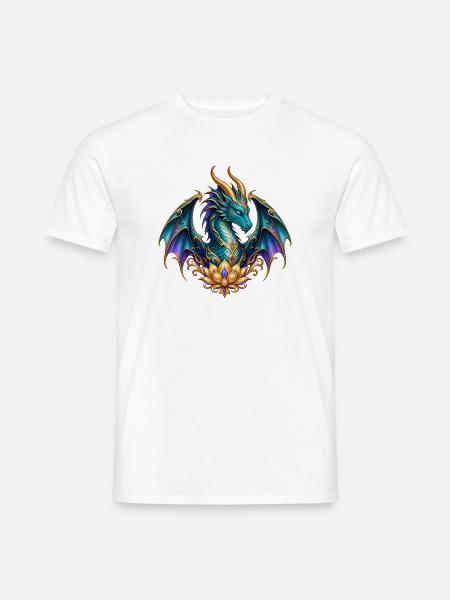 Lotusdrache – Türkiser Fantasy-Drache in Gold - Männer T-Shirt - Weiß