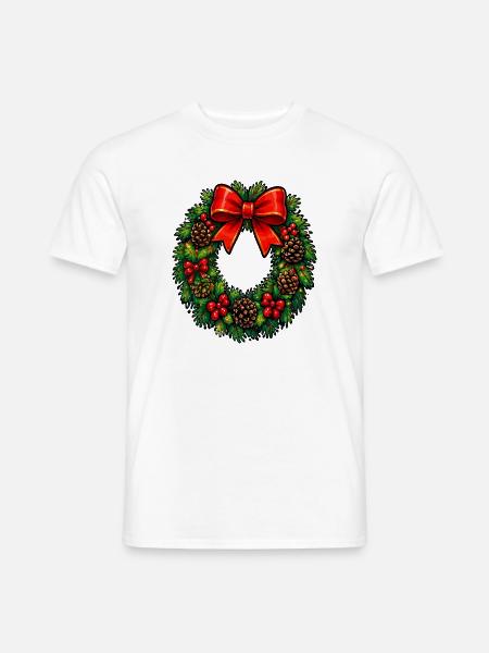 Weihnachtskranz mit roter Schleife - Männer T-Shirt - Weiß