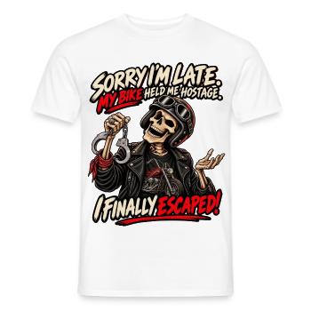 Entschuldigung, mein Motorrad hat mich als Geisel gehalten. Biker-Humor - Männer T-Shirt - Weiß - Vorne - AI Model Male 178 dark (178cm)