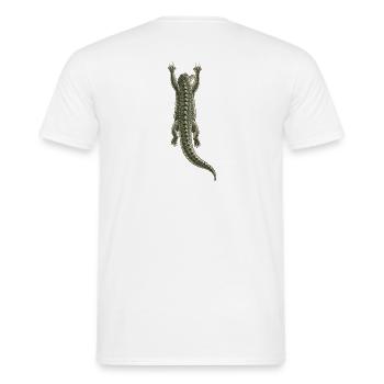 Krokodil auf dem Rücken hängend – Trompe-l'oeil-Effekt - Männer T-Shirt - Weiß - Hinten - AI Model Male 178 dark (178cm)