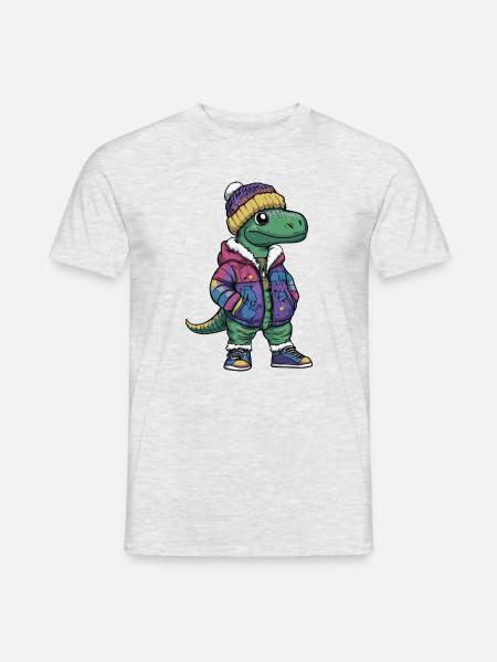 Dinosaurier mit Winterjacke und Mütze - Männer T-Shirt - Grau meliert