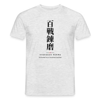Hyakusen Renma 百戦錬磨 — Kampferprobt durch hundert Kämpfe - Männer T-Shirt - Grau meliert - Vorne - AI Model Male 178 dark (178cm)