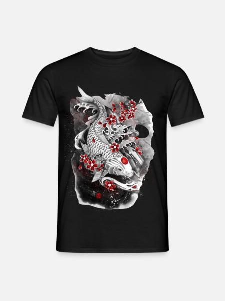 Kohaku weißer Koi-Karpfen, umgeben von Sakura - Männer T-Shirt - Schwarz