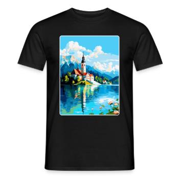 Lake Bled Slovenia Vintage Travel Poster Souvenir - Men's T-Shirt - black - Front - AI Model Male 178 light (178cm)