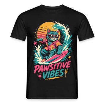 Surfende Katze – Pawsitive Vibes - Männer T-Shirt - Schwarz - Vorne - AI Model Male 178 light (178cm)