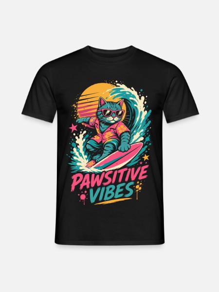 Surfende Katze – Pawsitive Vibes - Männer T-Shirt - Schwarz