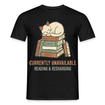 Schlafende Katze auf Bücherturm - Männer T-Shirt - Schwarz - Vorne - AI Model Male 178 light (178cm)