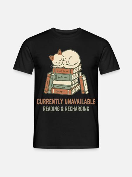 Schlafende Katze auf Bücherturm - Männer T-Shirt - Schwarz