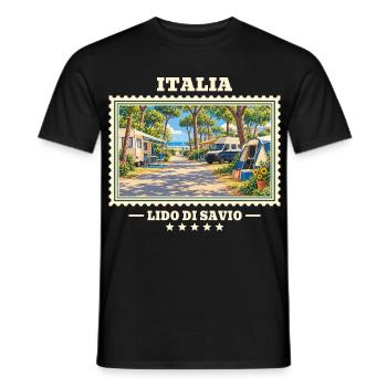 Italien Lido di Savio Camping Vintage Reisemarke - Männer T-Shirt - Schwarz - Vorne - AI Model Male 178 light (178cm)