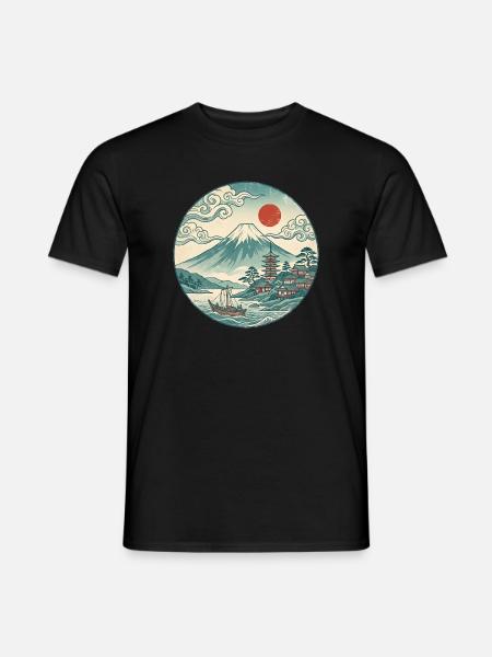 Fuji mit roter Sonne und Pagode - Männer T-Shirt - Schwarz