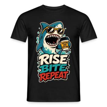 Hai mit Kaffee – Rise Bite Repeat - Männer T-Shirt - Schwarz - Vorne - AI Model Male 178 light (178cm)